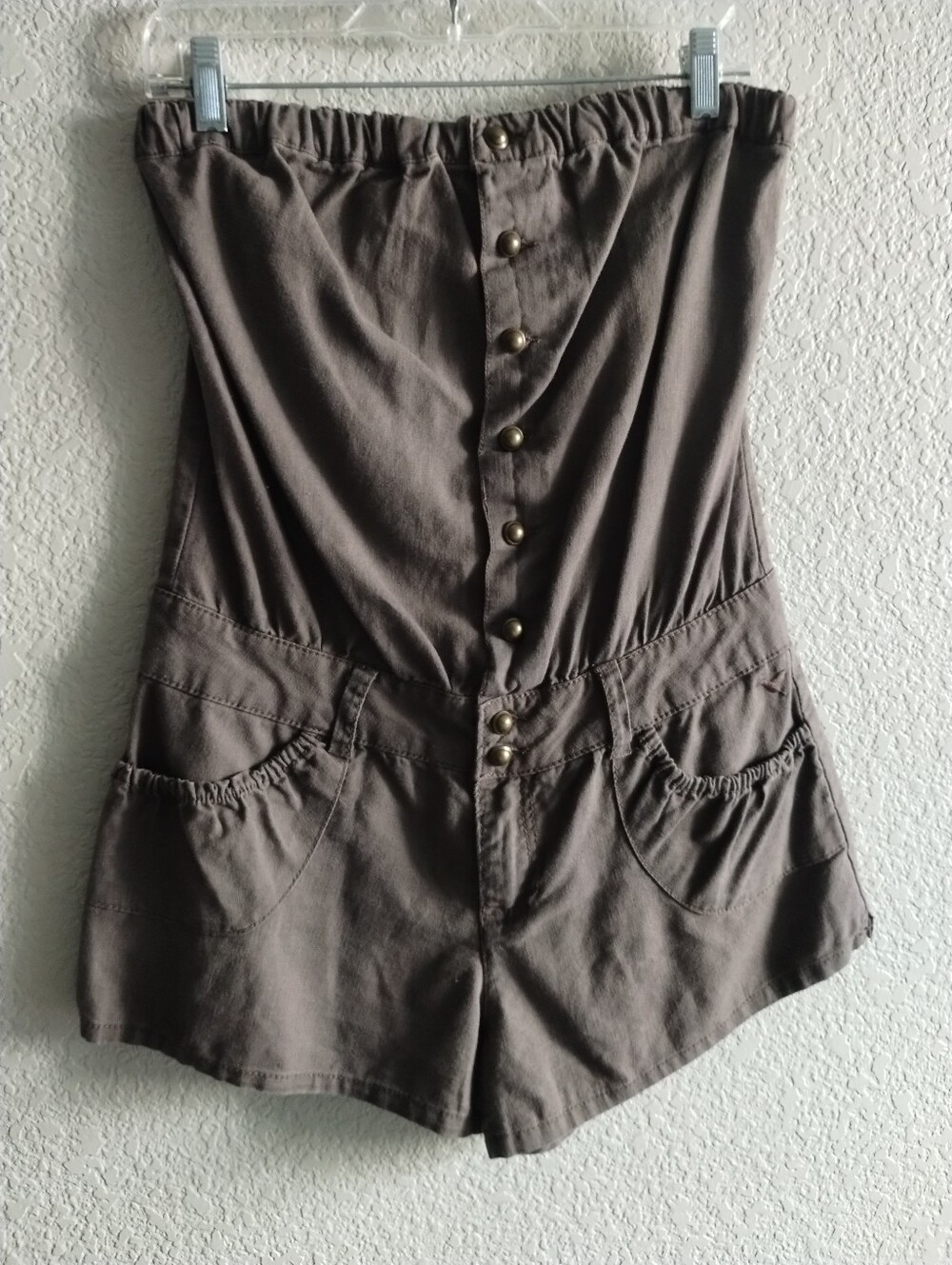 Anthropologie Grane Kindal Linen Cotton Olive Strapless Pocketed Shorts Romper L
